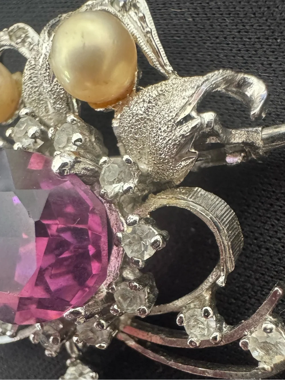 Vintage Brooch Purple Crystal And Pearl Drop Silver-Tone Brooch Costume Jewelry